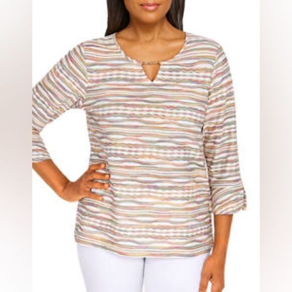 Alfred Dunner Copper Canyon Split Neck Three-Quarter Bell Sleeve Top - Picture 1 of 11